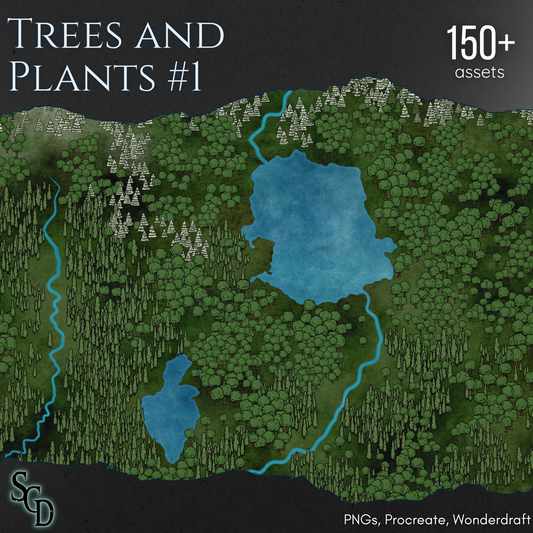 Map of a forest with trees and plants labeled '150+ assets' and 'SCD' branding.