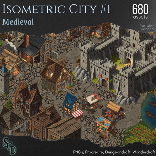 Isometric cityscape with medieval architecture and structures, featuring a castle and various buildings.